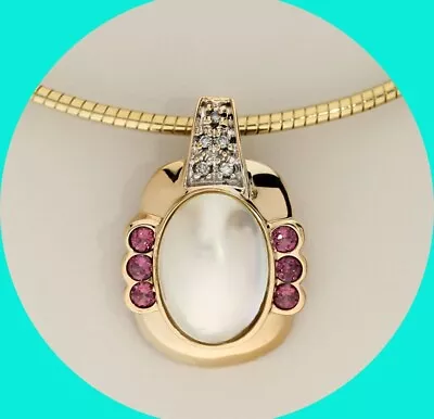 Diamond Tourmaline Mabe Pearl Pendant Necklace 14K YG .38CT 17” Chain • $790.50