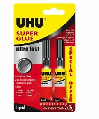 UHU Super Glue Ultra Fast Liquid - Pack Of 2 Tubes (3-62686) HIGH QUALITY GLUE • £2.95