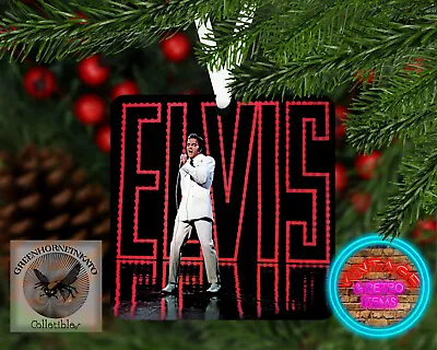 ELVIS 1968 Comback Special White Suit Aluminum Square Christmas Ornament WRibbon • $12.49