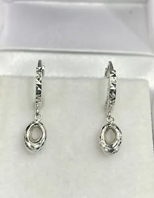 18k Solid White Gold Cute Small Kids Dangle Hoop Earrings 1.15 Grams • £132.58