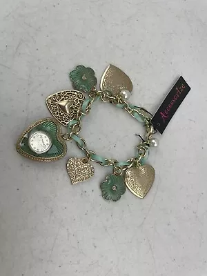 Ladies Accessorize Watch & Heart Charm Bracelet  Gold & Green Metal 19 Cm L New • £14