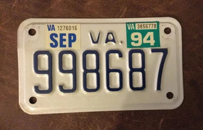$16.95 • Buy Virginia Motorcycle 🏍 License Plate VA Tag 998687 Minty