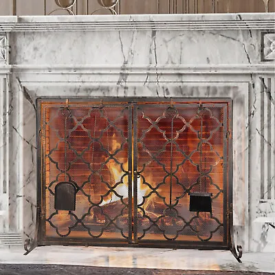 Fireplace Screen Dual-Door 39x31 Inch Copper Color Scrollwork Spark Guard • $114.96