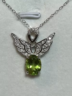 925 Sterling Silver Natural Green Peridot Bird Angel Wings Pendant Necklace • $24.99