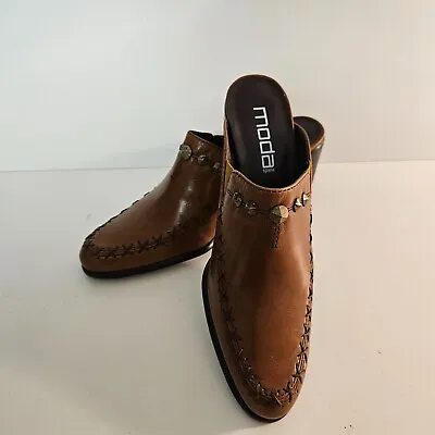 Moda Spana Size 8 Darcy Brown Leather Metal Stud Block Heel Slip-On Mules • $19.95
