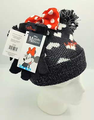 Disney Minnie Mouse NEW Kids Beanie & Gloves Set OSFM Black & Red -Pom Accent  • $14.95