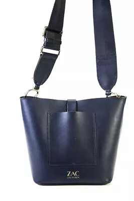 ZAC Zac Posen Womens Leather Adjustable Strap Hook Closure Bucket Bag Navy • $62.99