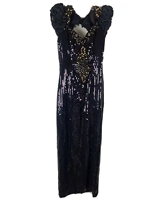 VTG 70’s 80’s Alyce Designs Sequin Dress Puffy Sleeves Black Gold Size 10 Womens • $99.99