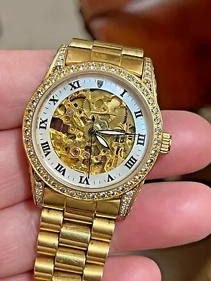 Men Croton Automatic Self Wind Skeleton Crystals Bling Gold Pl NEED CLEANING • $39