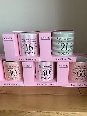 Verve Fine China Mug Birthdays 18th 21st 30th 40th 60th Gift Boxed • £6.89