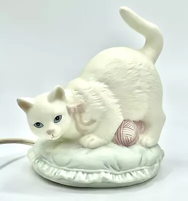 Lefton White Bisque Cat On Blue Pillow Lamp Nightlight 1990's Novelty Vintage • $60