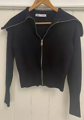 ZARA Sz S Black Shawl Collar Zip Up Knit Top (please Read) DESIGNER DESTASH! • $10