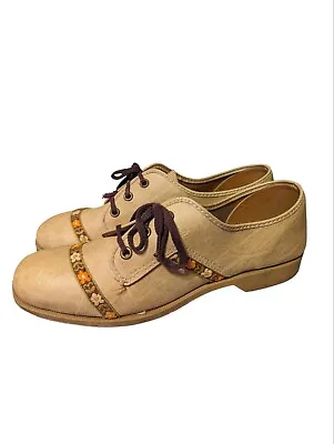 £103.22 • Buy 60s Mod Oxford Shoes Size 9 With Floral Embroidery, Leather Soles Bowling