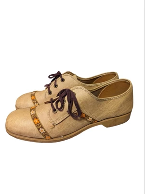 £103.22 • Buy 60s Mod Oxford Shoes Size 9 With Floral Embroidery, Leather Soles Bowling