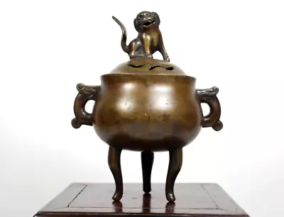 Fine Antique Qing Dynasty Chinese Double Handled Lidded Bronze Tripod Censer • $365.80