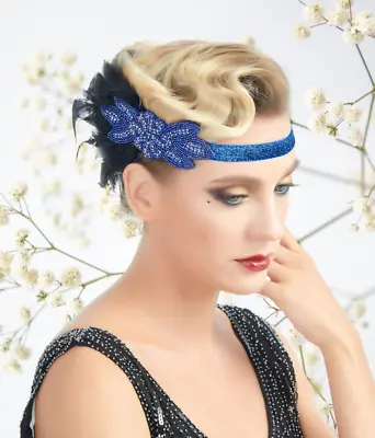 1920s Headband Blue Roaring Beaded Black Feather Headpiece Flapper Great Gatsby • $9.99
