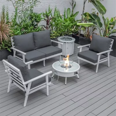 LeisureMod Walbrooke White Aluminum Patio Sofa Set Round Fire Pit Charcoal • $3179.11