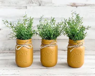 Mustard Yellow Hand-painted Country Wedding Mason Jar Centerpieces • $30