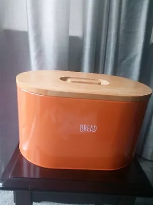 Orange Bread Bin  metal With Wooden  Top. Has Been Used Still In Good Condition • £14.99