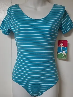 Vintage Turquoise Striped Leotard Bodysuit 80s Aerobics - Adult L • $19.95