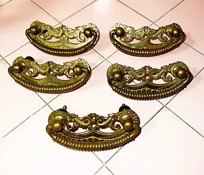 $35 • Buy 5  Antique Victorian Drawer Pulls Brass / Gold Finish 4  Dresser Chest Ribbed