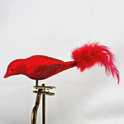 Clip On Cardinal Ornament Glass Red Real Feather Tail Glitter Trim Vtg 6  L (L9) • $12.95