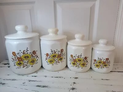 Vintage Kromex Nesting Canisters MCM White Floral Metal MCM 4 Pc Set  USA • $30