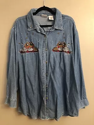 Vintage Bobbie Brooks Women’s Embroidered Denim Noah’s Ark Shirt Size 22/24 • $25