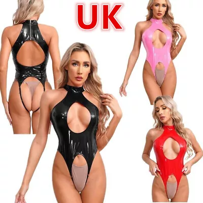 UK Women's Sexy Lingerie PVC Leather Teddy Bodysuit Mock Neck High Cut Leotard • £4.64