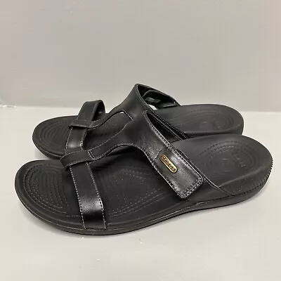 Crocs Ella Comfort Path Black Leather Sandals Slides Adjustable Straps Women’s 9 • $21