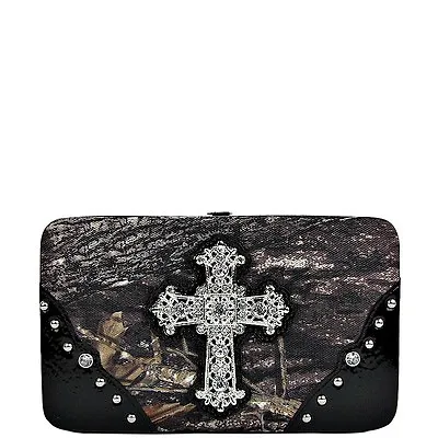 Mossy Oak Camo Rhinesone Cross Clutch Wallet - Ladies Camouflage Black • $19.95