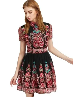 Multicolored Heavy Embroidered Vtg Mesh Overlay Black Skater Party Dress Sz SM  • $39