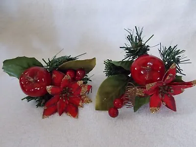 Vintage Set Of 2 Red Apple & Poinsettia Floral & Christmas Decoration Picks • $3.99