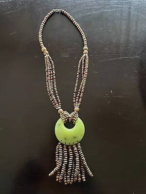 Boho Women’s Wooden Statement Necklace With Green Medallion • $0.99