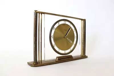 Modernist Mauthe Desk Clock Brass Glass Post Bauhaus Mid Century Germany • $105