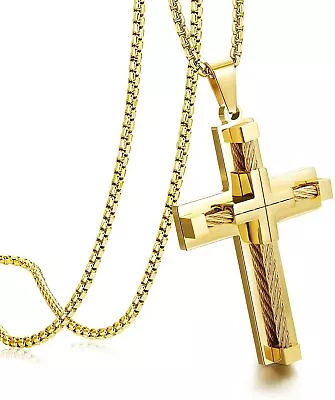 LUXE Mens 14k Gold Cross Pendant MASCULIN 14k Gold Cross Necklace For Men Plated • $399.50