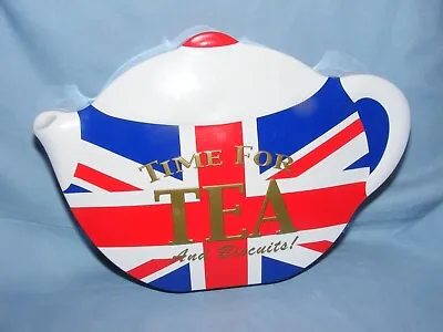 Tea Pot Shaped Tin Union Jack Tea Caddy Biscuit Tin Coronation • £9