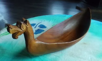 Vintage Hand Carved Teak Viking Dragon Ship Bowl  11.5 In. Long From Norway • $19.99