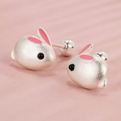 925 Sterling Silver Cute Rabbit Beads Screw Stud Earrings Womens Jewelry Gift • $6.91