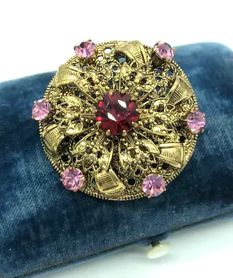 Vintage Art Deco Unsigned West Germany Glass Filigree Brooch Goldtone Red Brooch • $25