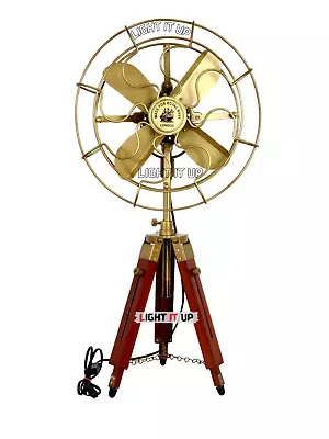 Nautical Brass Antique Electric Pedestal Fan With Wooden Tripod Stand Vintage • $382.27