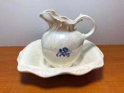 Arnels Pitcher & Basin Bowl Iridescent & Blue Flowers 1983 Small Vintage • $11.99