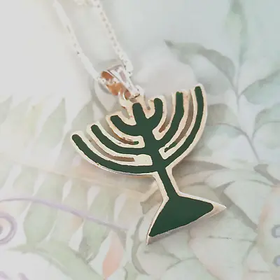 Menorah Necklace Men Silver 925 Modernist Minimalist Green Enamel Israel Gift • $49