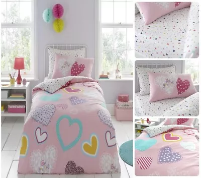 Children Kids Bedding Pink Heart Duvet Quilt Cover Sheet Set Toddler Boys Girls • £9.49