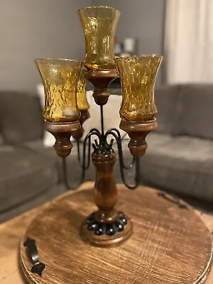 MCM Vintage Wood Wrought Iron 5 Arm Candelabra Handblown Glass Mexico Original • $47