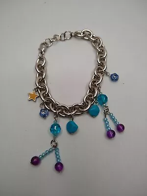 Vintage Heavy Link Charm Bracelet With Enamel & Bead Charms - 9  - Silver Tone • $8.40