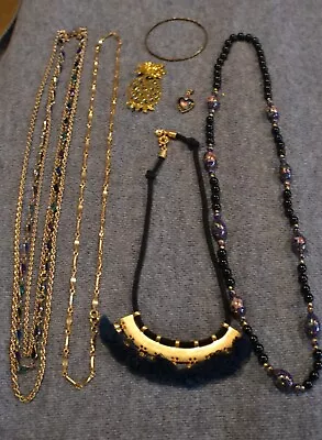 Vintage Jewelry Lot Cloisonne Necklace And Pendant Gold Tone Pom Pom Necklace • $8.28