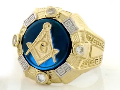 10k Or 14k Gold Two-Tone Mens Simulated Sapphire Masonic Ring • $414.99