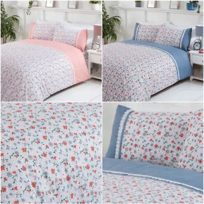 Blue Penelope Vintage Classic Spring Floral Lace Soft Duvet Cover Set • £18.99