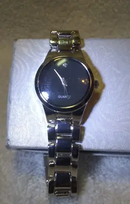 Black Dial Diamond 12 O'clock Quartz Watch Silver Bracelet Band New Bat Works !! • $2.99